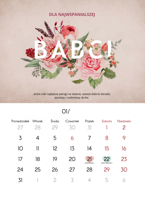 Kalendarz ścienny, Kolekcja Kwiaty dla Dziadków, 30x40 A3 cm