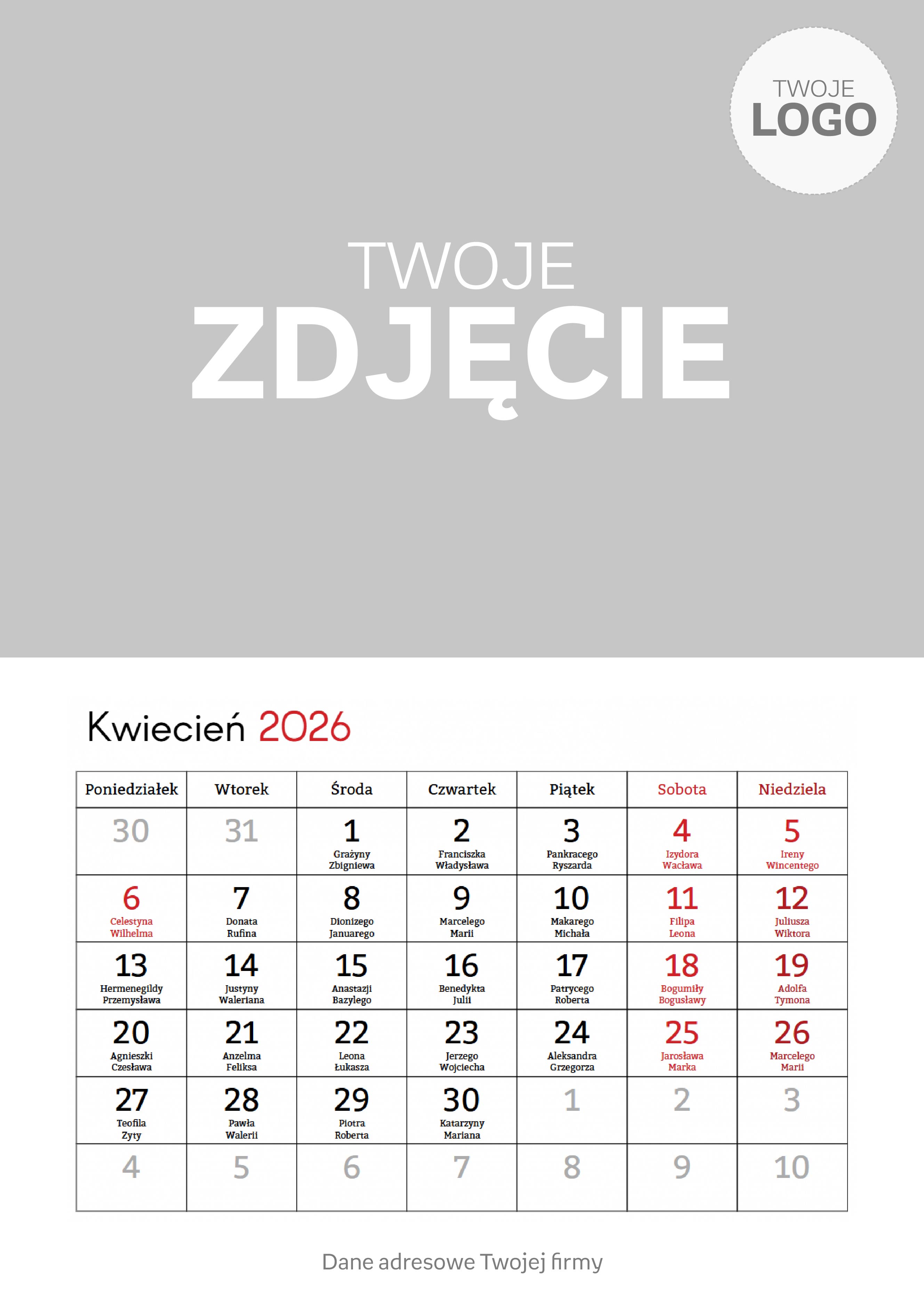 Kalendarz ścienny, Klasyczny z logo, 20x30-A4 cm