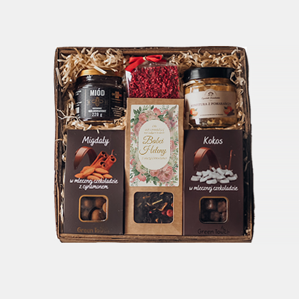 Zestaw prezentowy personalizowany Dla Babci - box z herbatą, przetworami i słodyczami